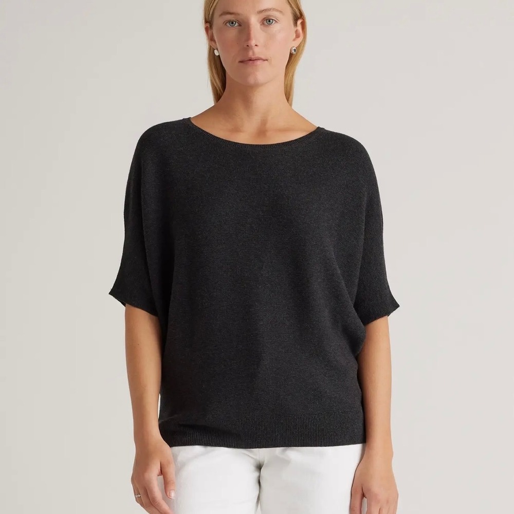 Quince Lightweight Cotton Cashmere Link-Stitch Dolman Sweater Charcoal Gray SZ L